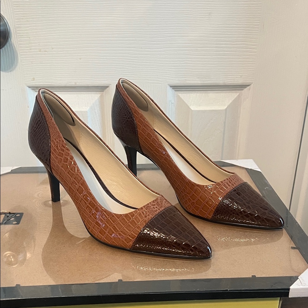 Classic Two-Tone Brown Croc-Embossed Pointed-Toe Pumps